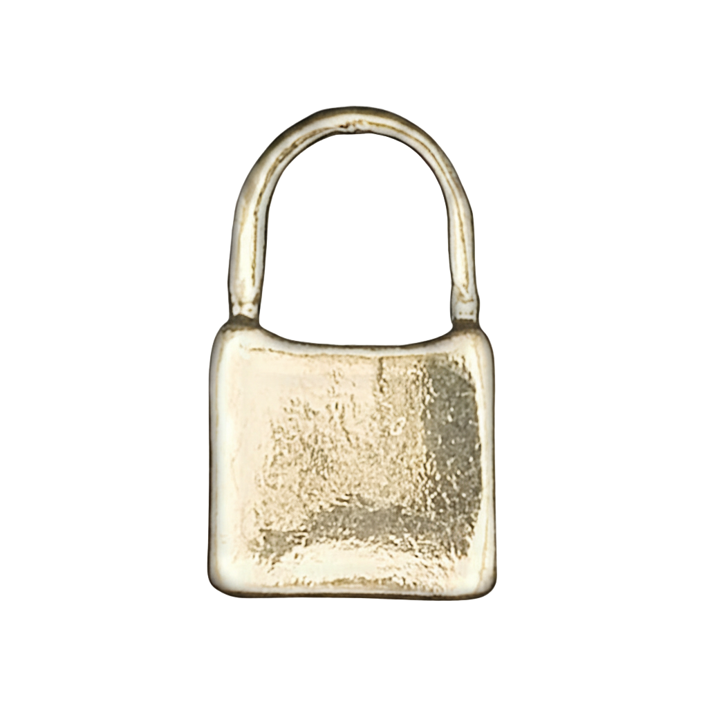 close-up of a small gold padlock charm on a black background
