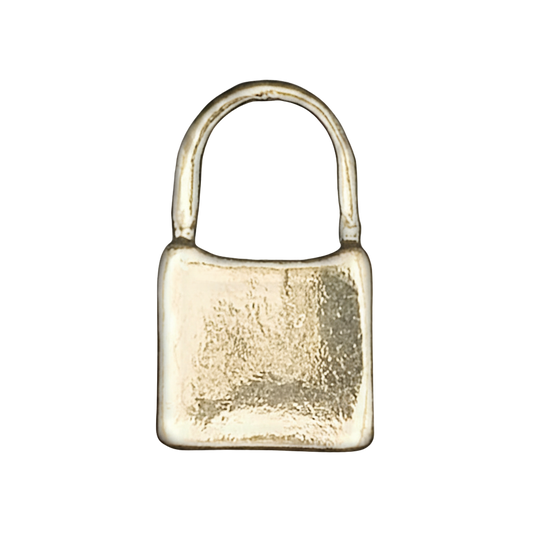 close-up of a small gold padlock charm on a black background