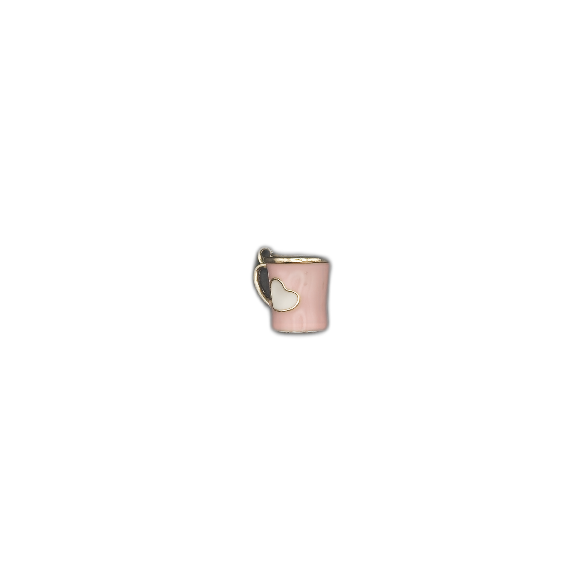 small pink mug charm centered on black background