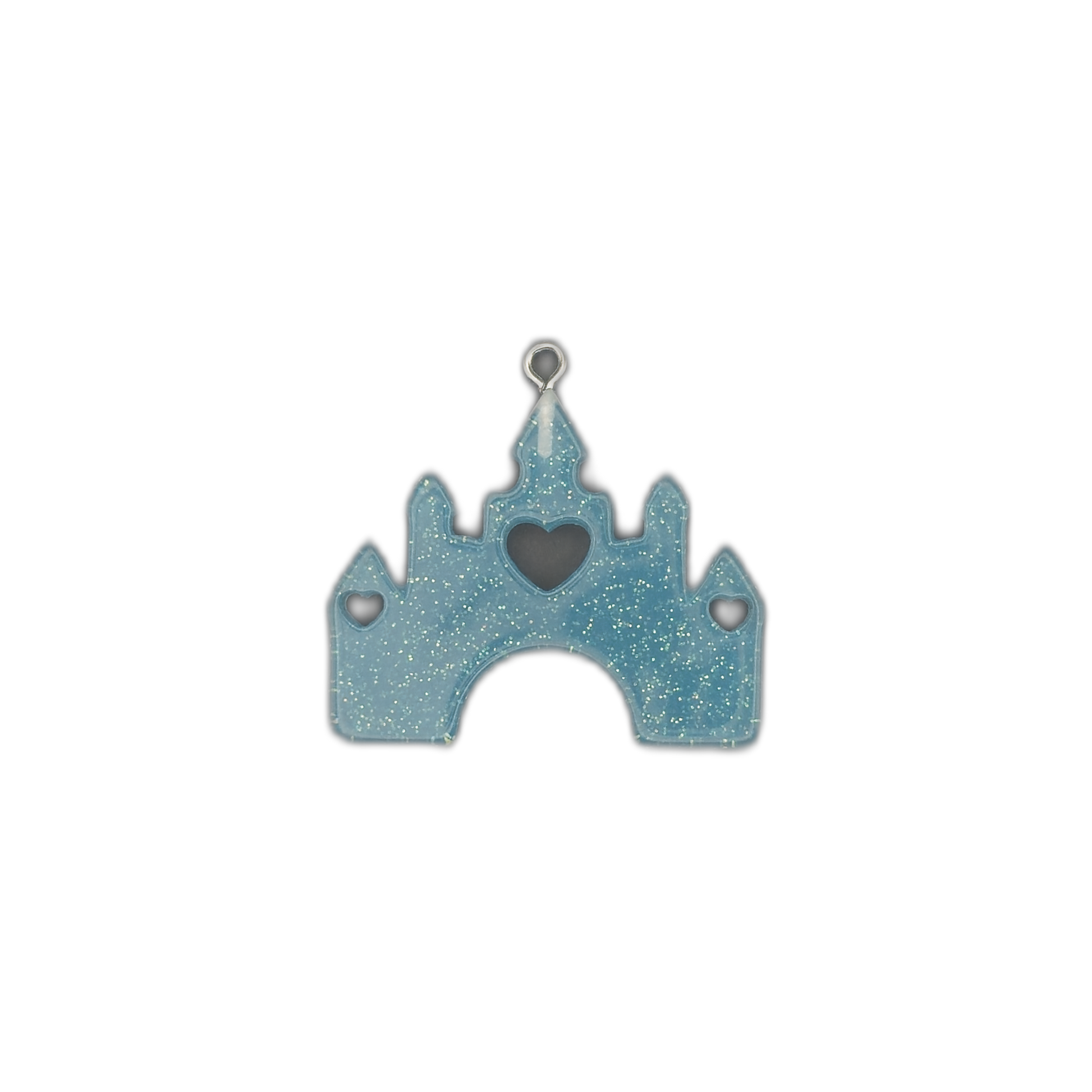 small blue glitter castle-shaped charm with heart cutouts centered on black background