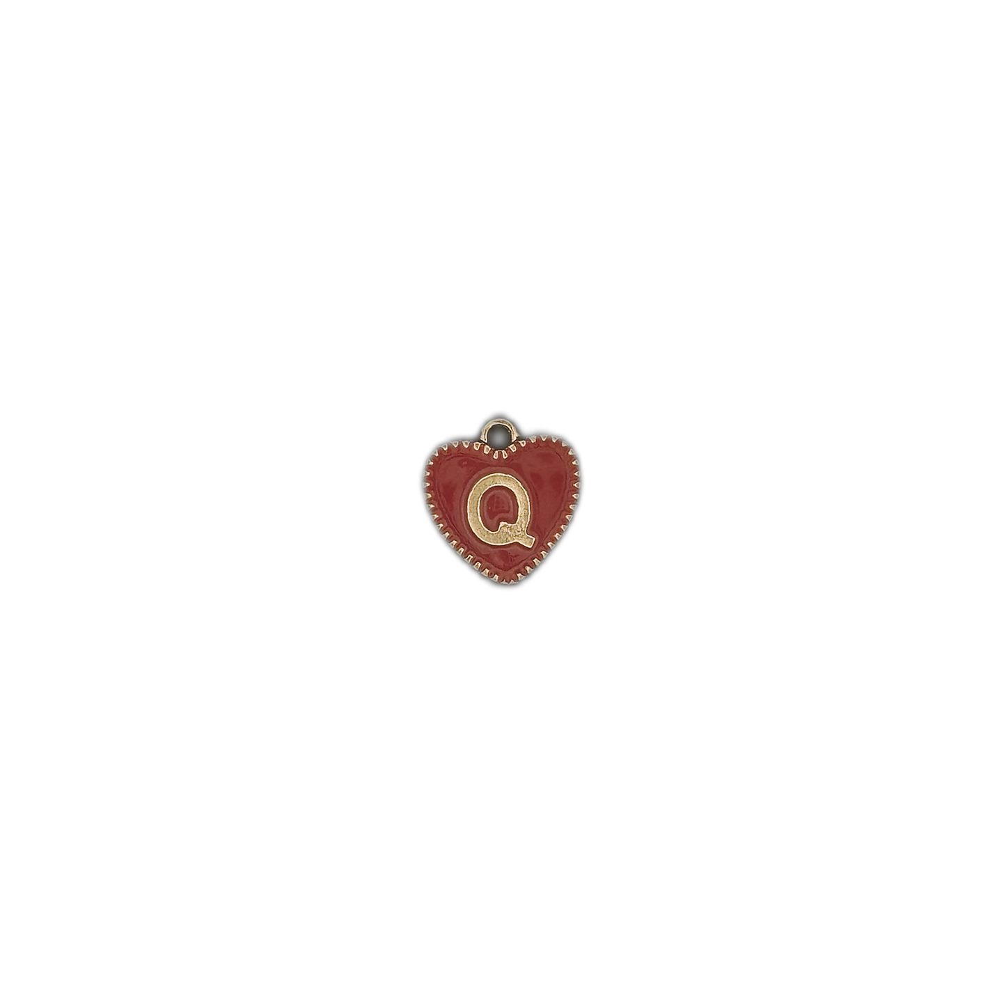 small red heart initial Q charm centered on black background