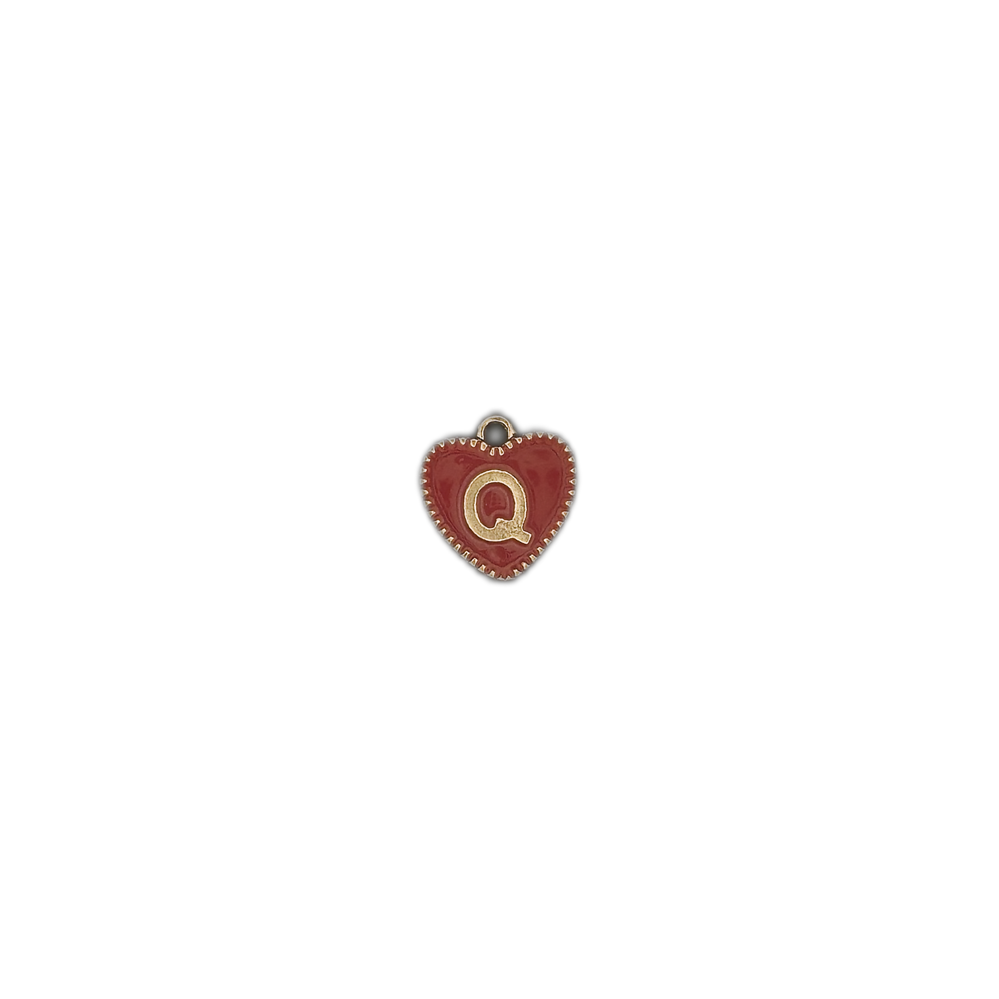 small red heart initial Q charm centered on black background