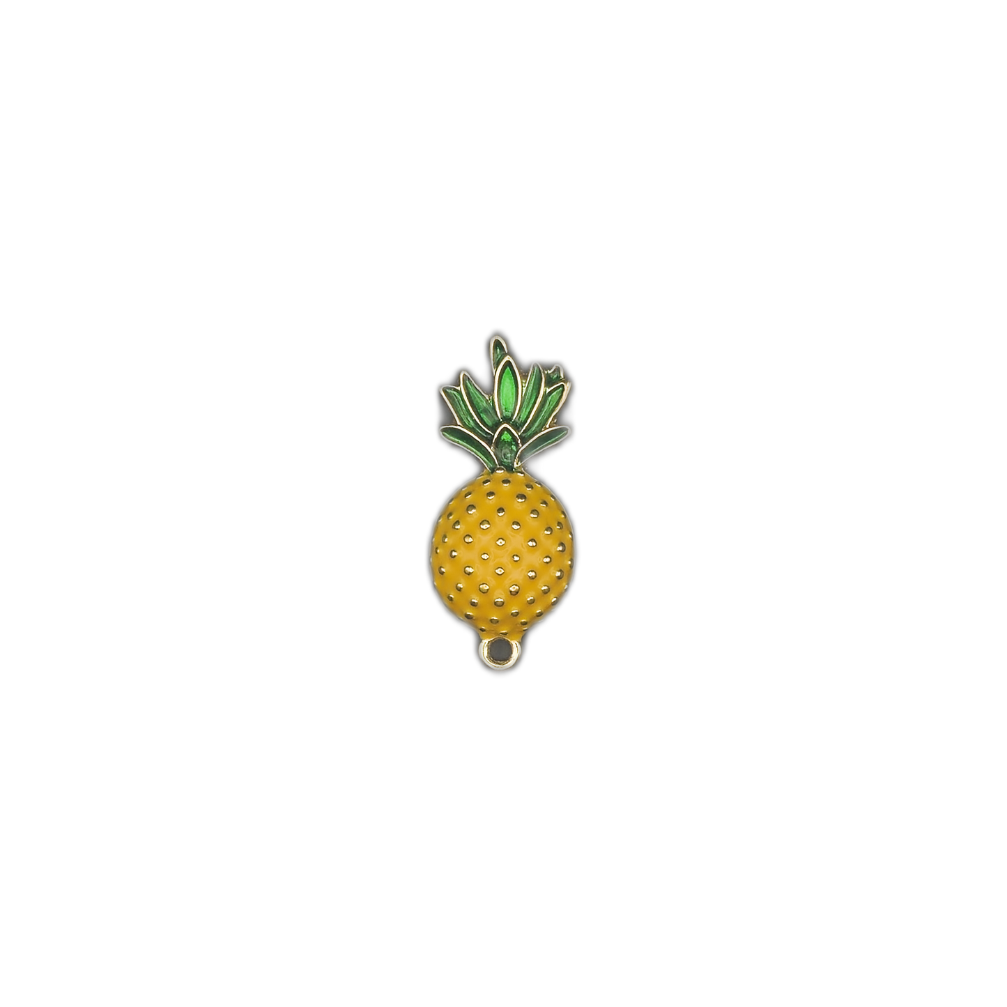 full view of enamel pineapple charm on black background