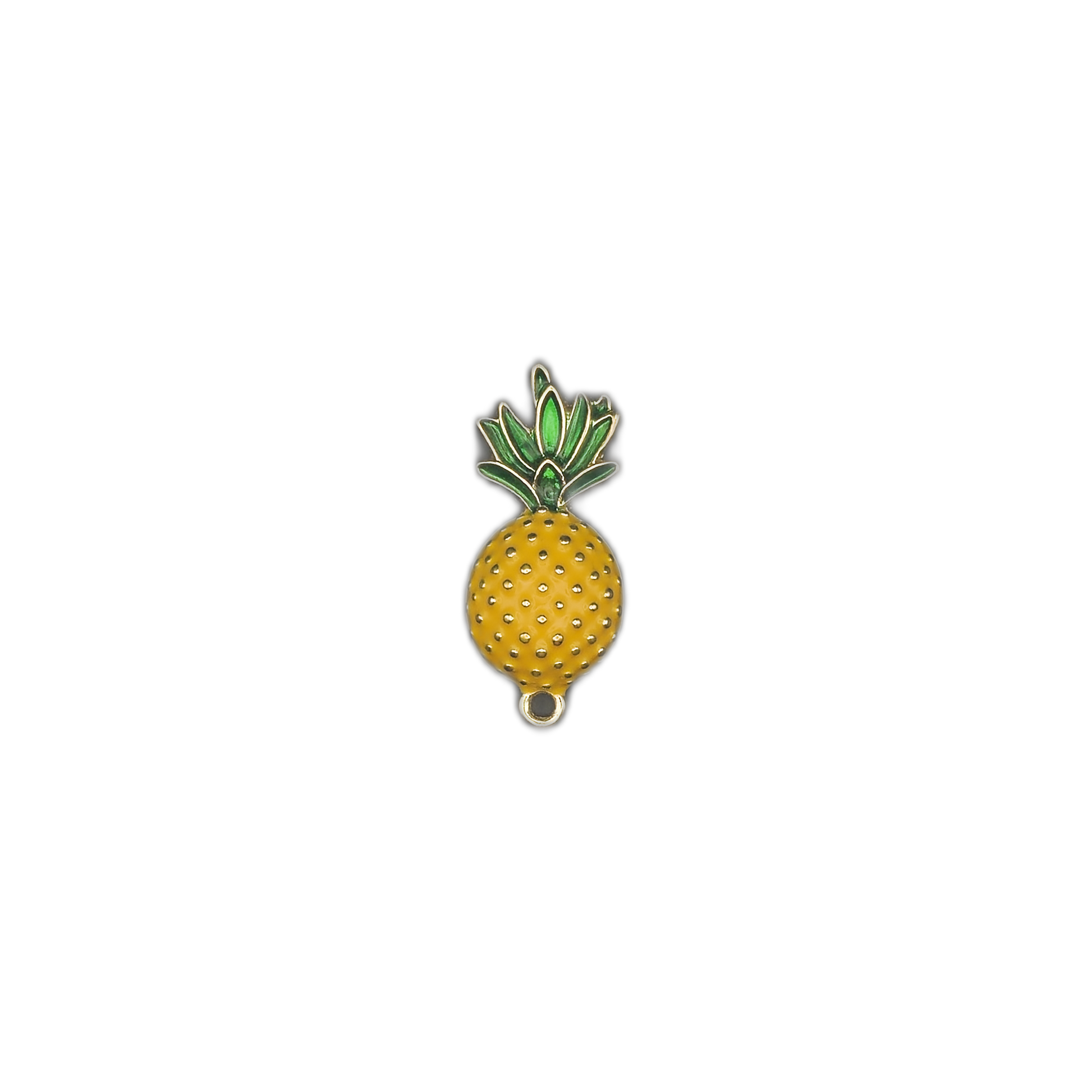 full view of enamel pineapple charm on black background