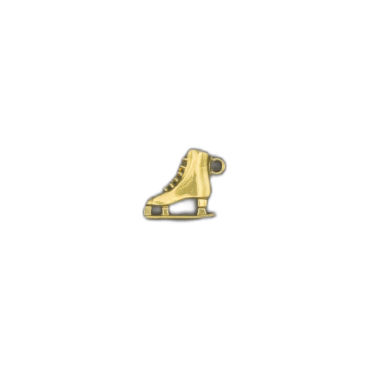 small gold ice skate charm centered on black background
