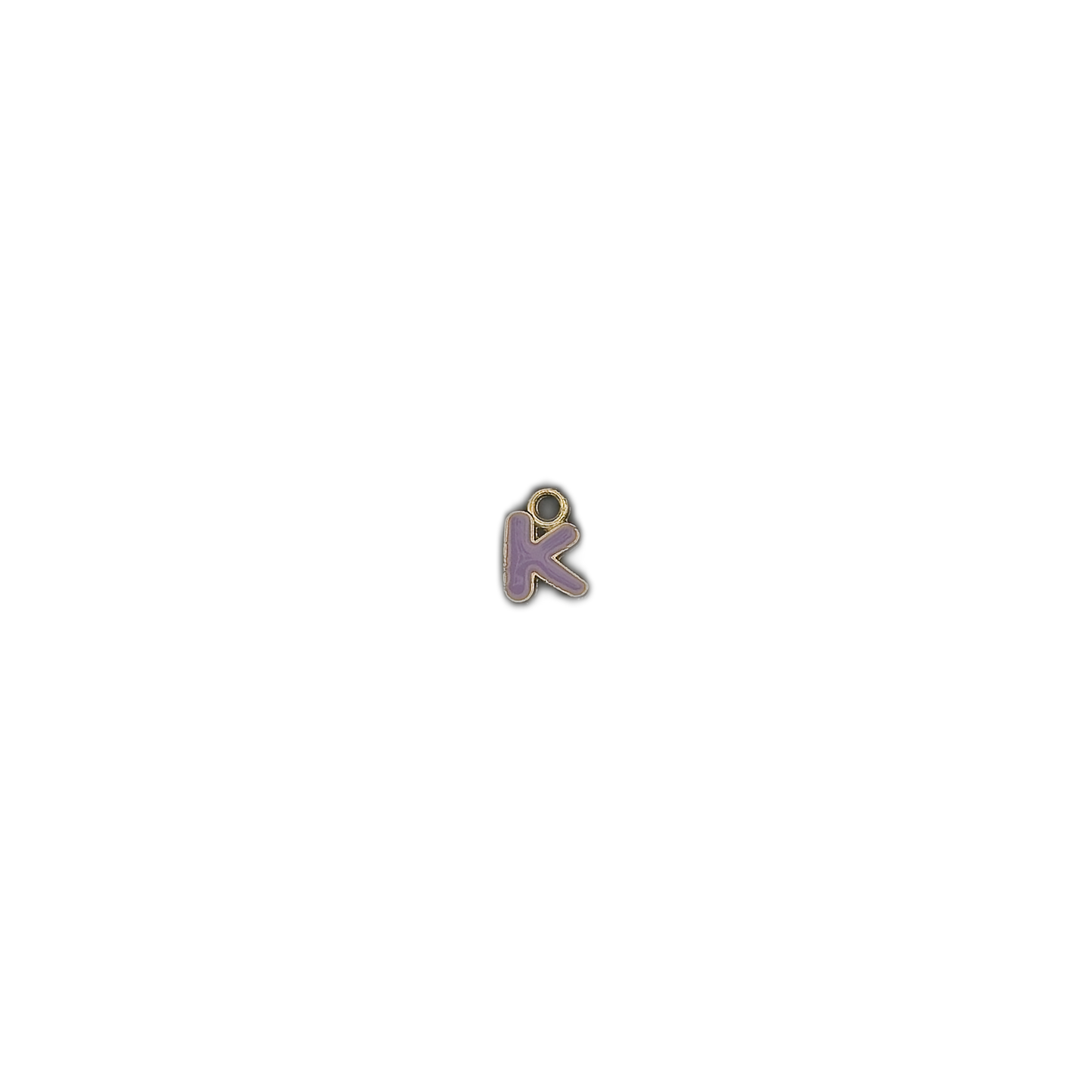 Small purple letter K charm centered on a black background.