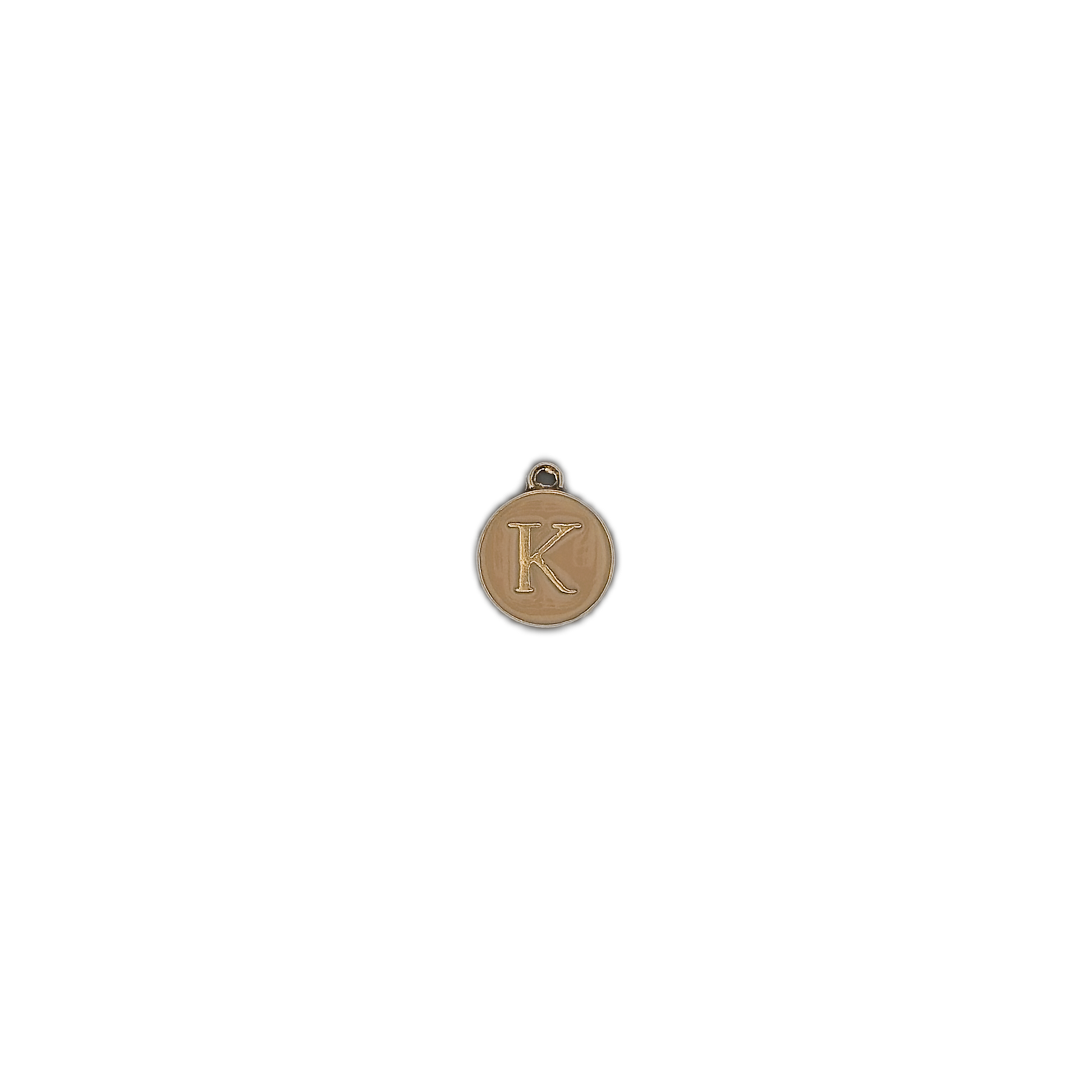 small round gold-tone K letter charm centered on black background