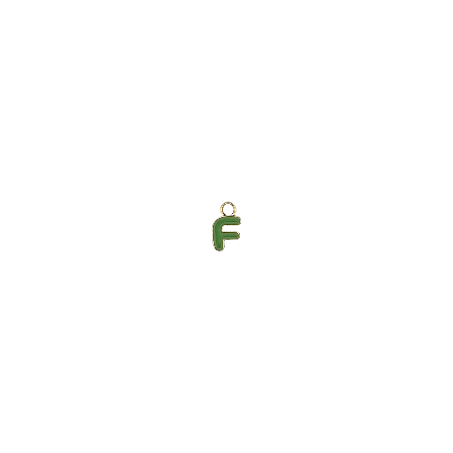 small green letter F charm with gold outline