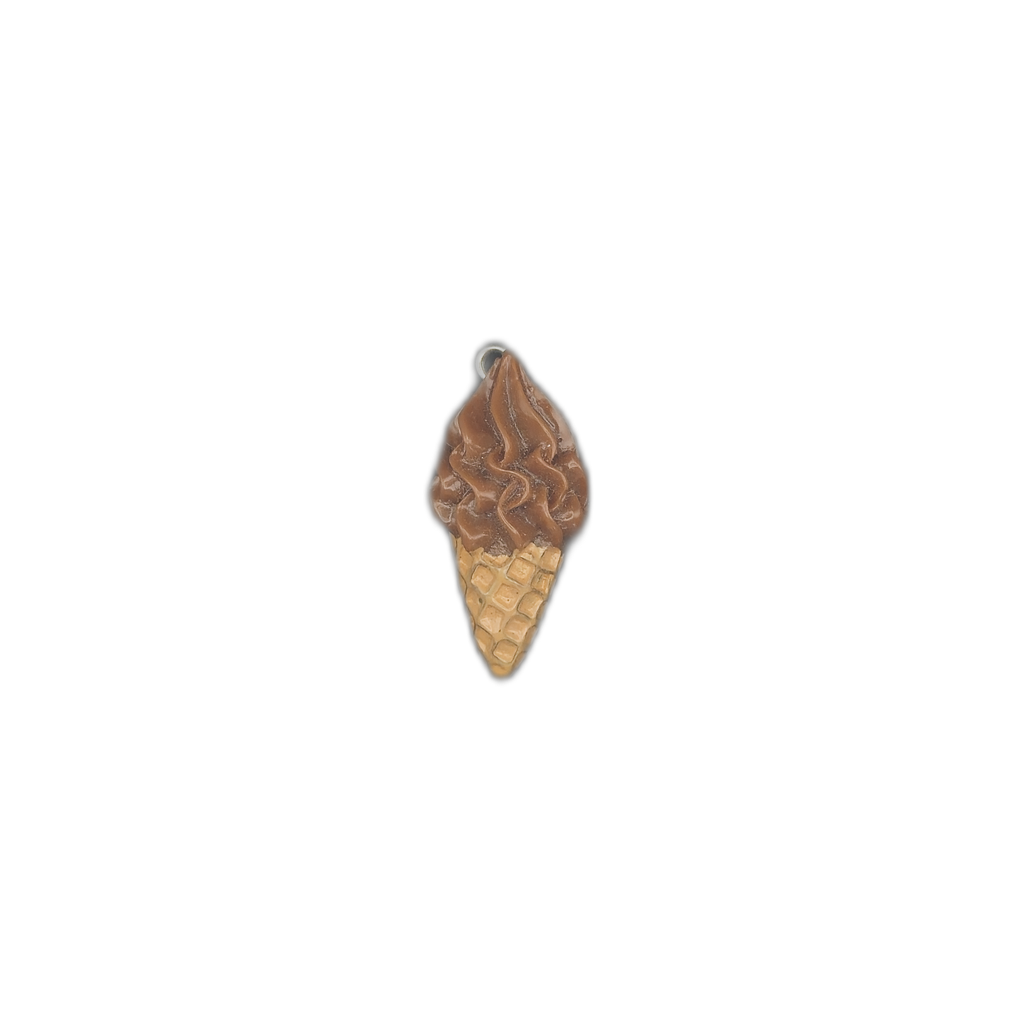 small chocolate soft-serve cone charm centered on black background