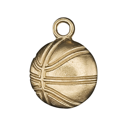close-up of a gold basketball charm with engraved lines on a black background