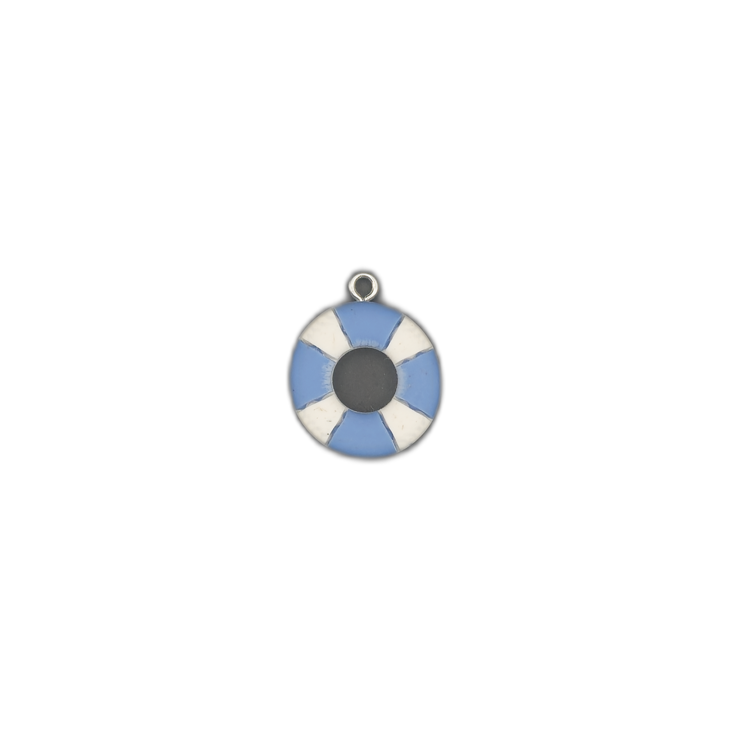 small round blue and white lifebuoy charm centered on black background