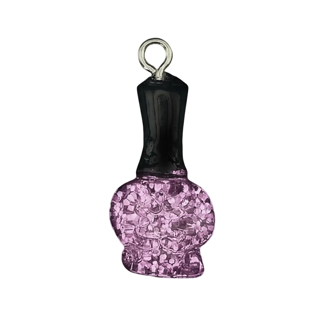 close-up charm shaped like a nail polish bottle with black cap and pink glitter body on black background