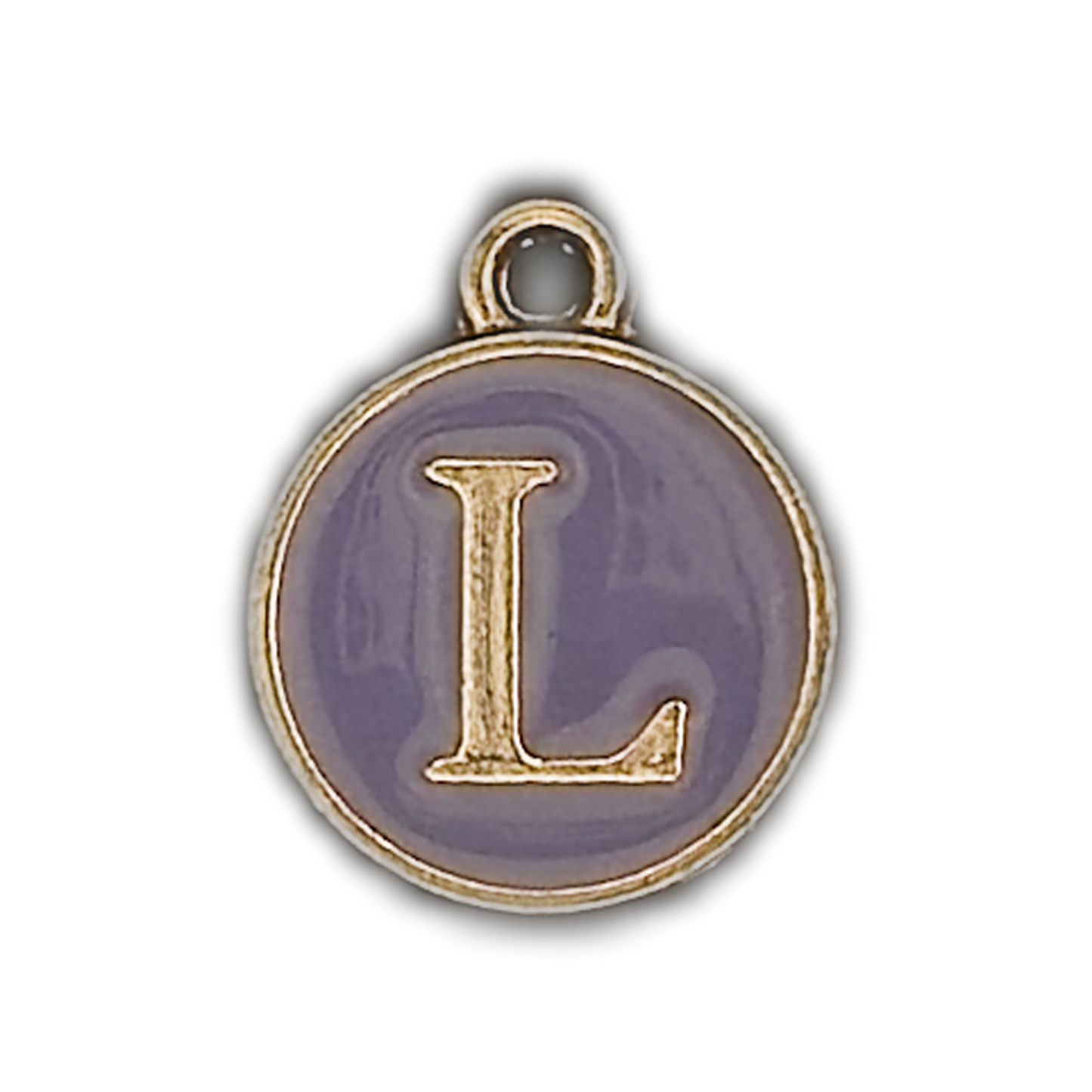 close-up of round purple enamel charm with gold letter L and gold-tone border