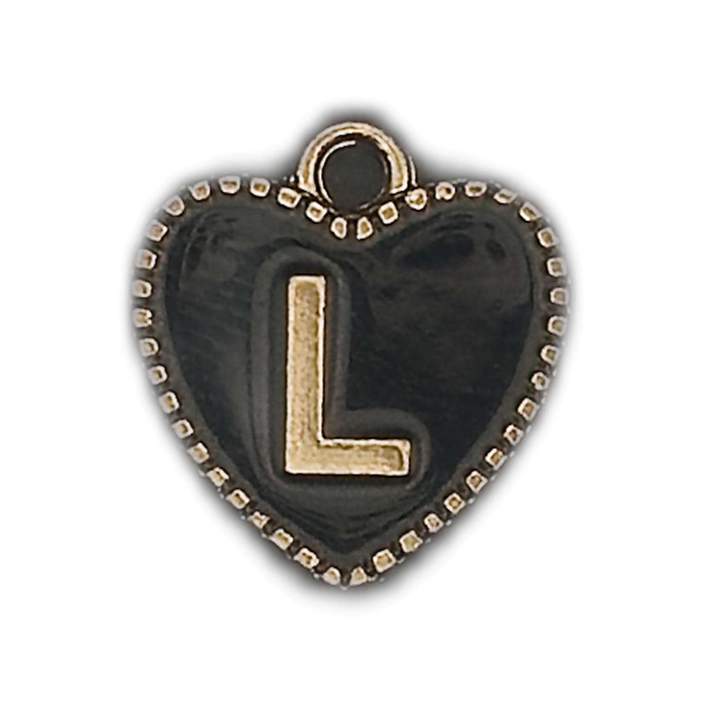 black heart charm with gold letter L, close-up