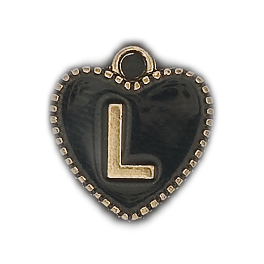 black heart charm with gold letter L, close-up