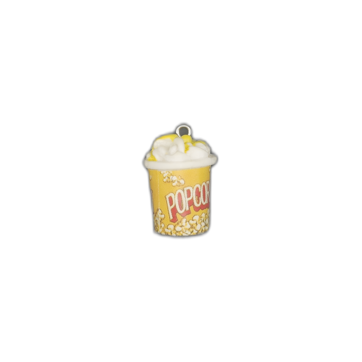 Small popcorn bucket charm centered on a black background.