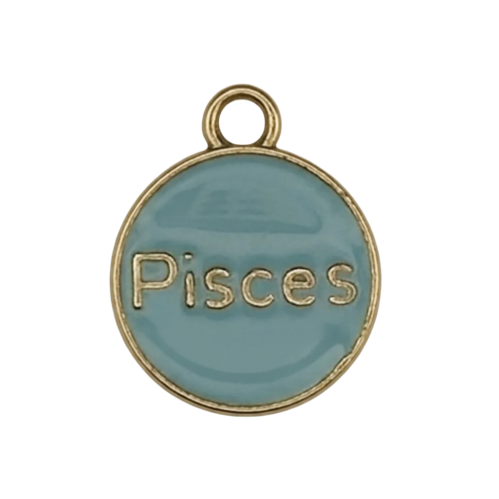 close-up of a round light blue enamel charm with 'Pisces' text and gold edge