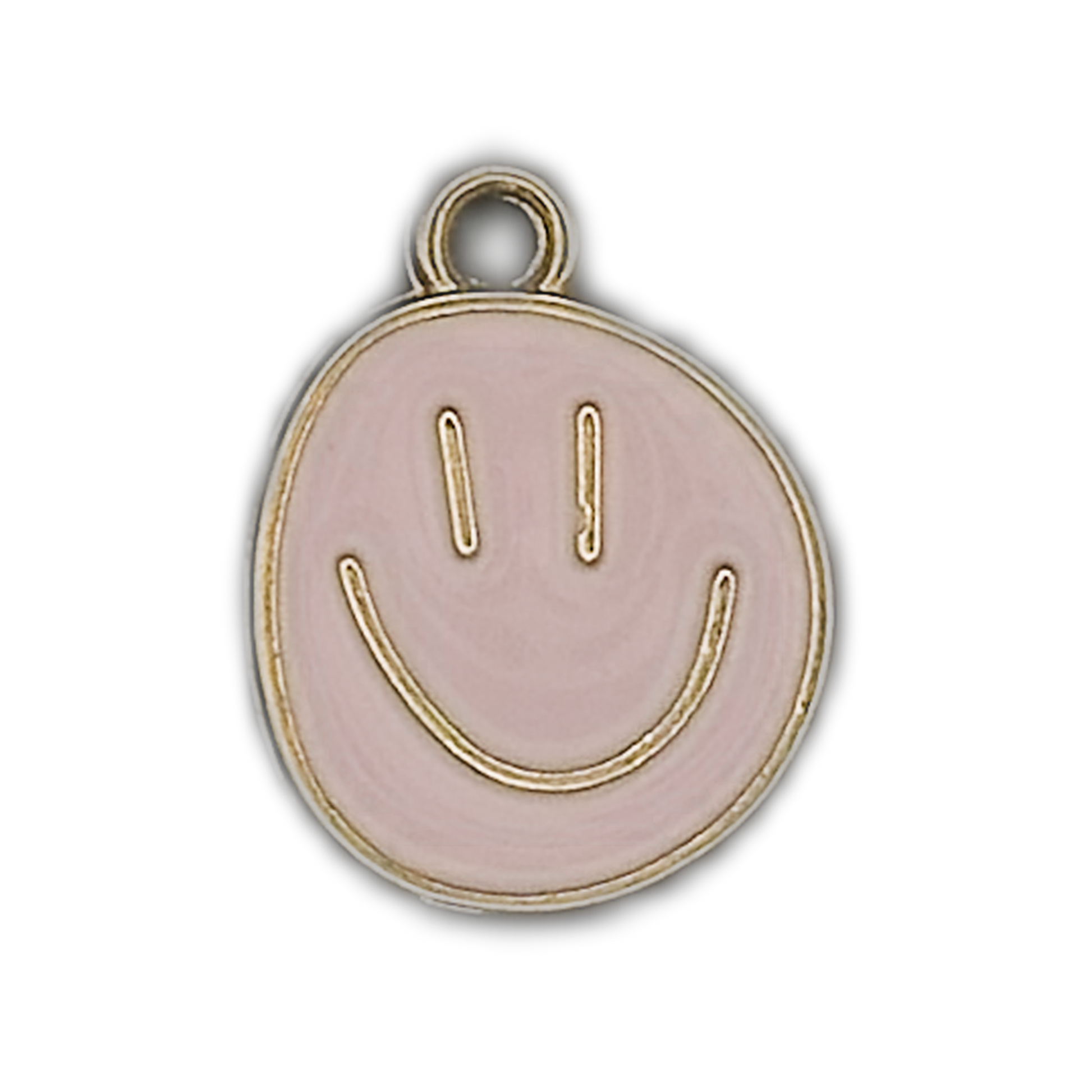 Close-up of pink smiley face charm with gold outline.