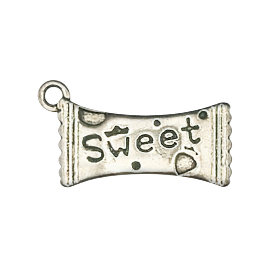 close-up of silver candy bar charm with the word sweet on black background