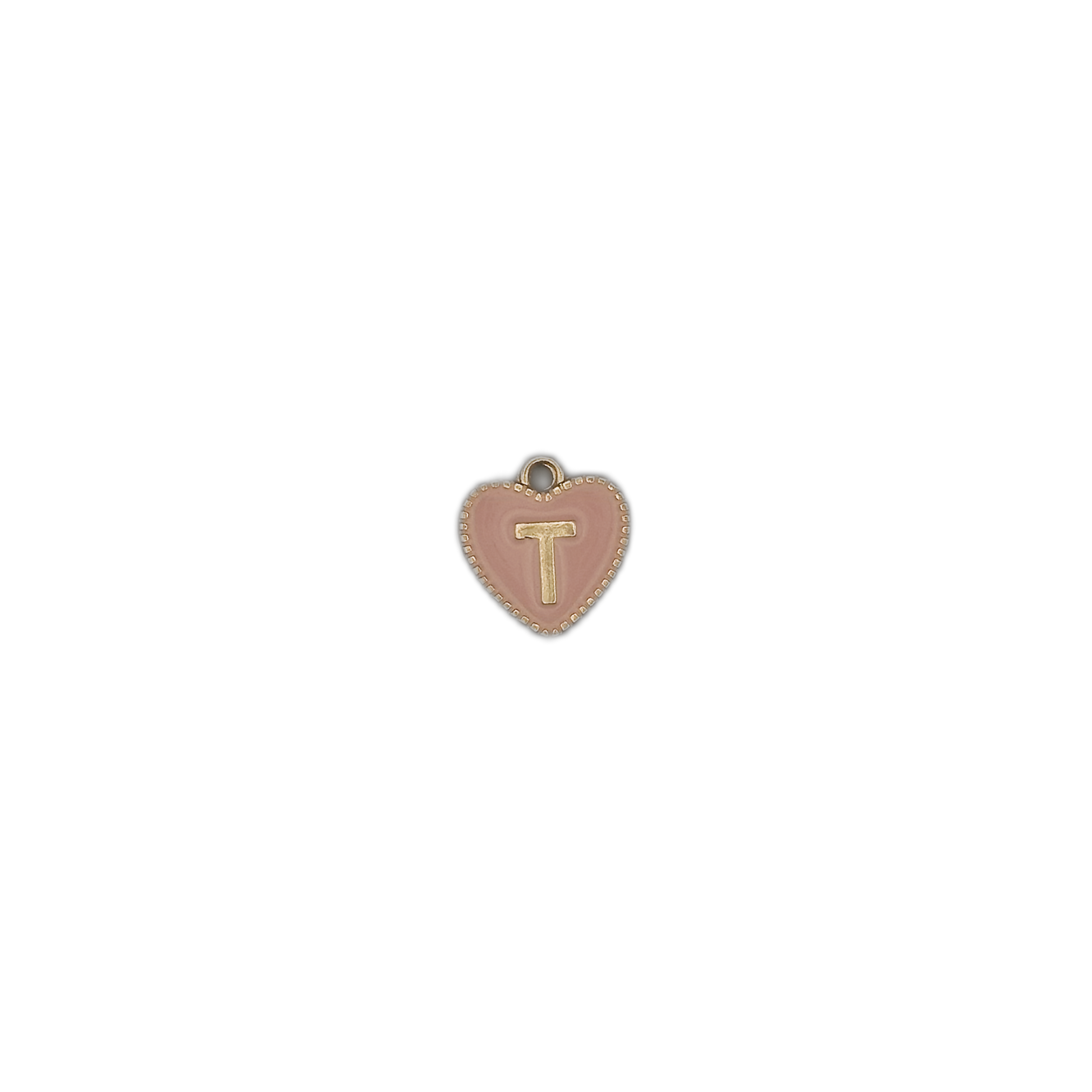 Small pink enamel heart charm with gold letter T on a black background.