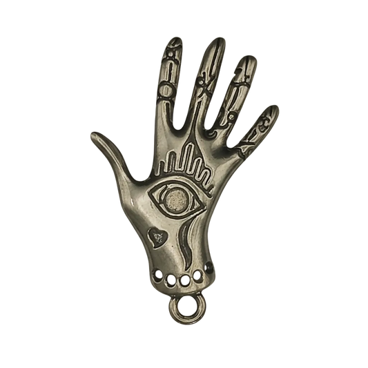 close-up gold-tone hand charm with engraved eye on black background